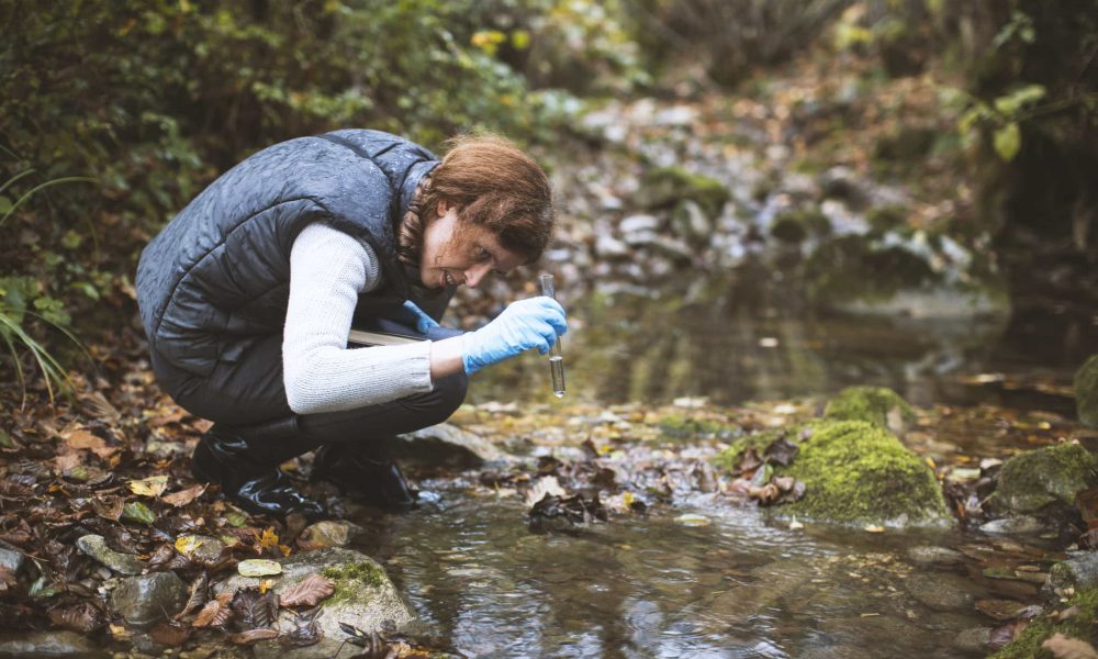 Woman Biological Researcher Taking a Water Sample from a stream.