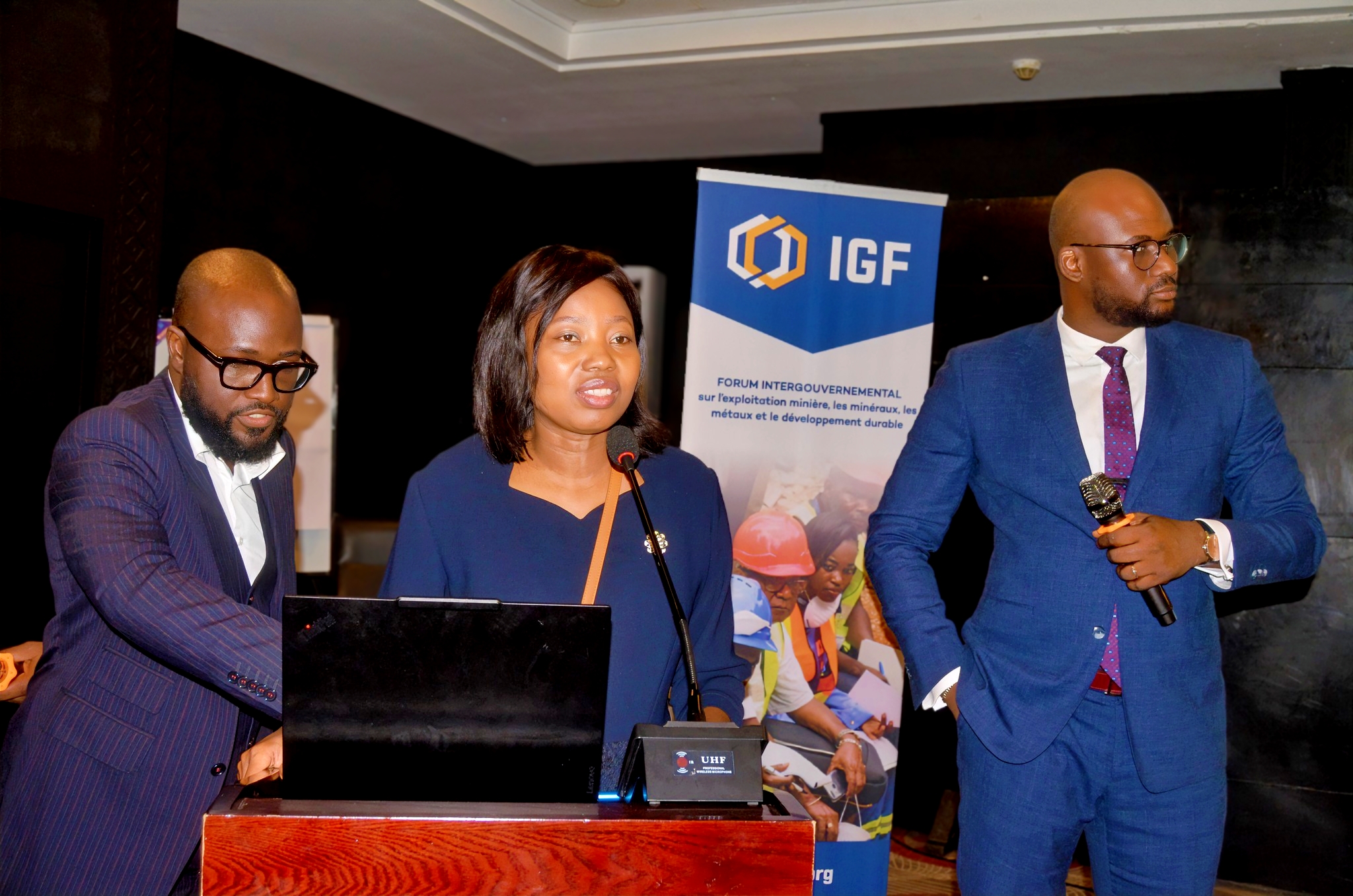 Three facilitators delivering training at the IGF contract negotiations in the mining sector workshop