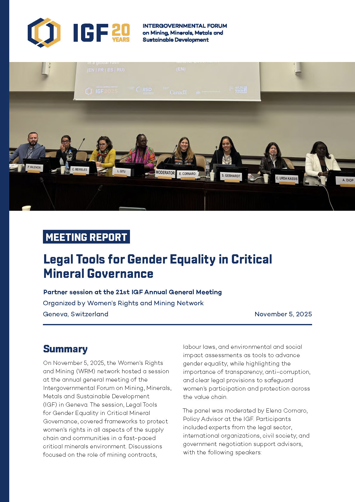 The front cover of an IGF meeting report covering the session: Legal Tools for Gender Equality in Critical Mineral Governance