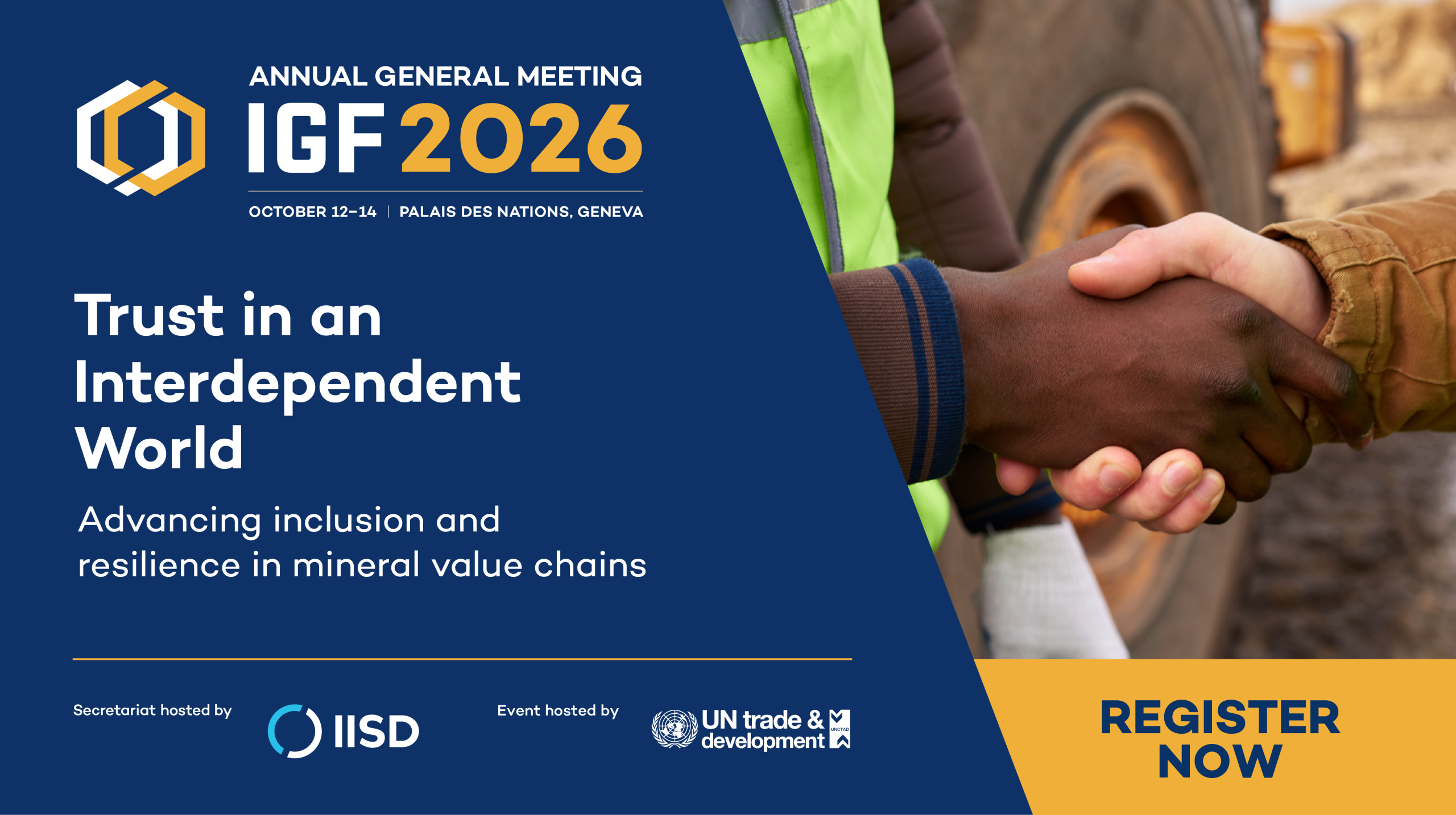 A graphic encouraging participants to register for the 22nd IGF AGM, which takes place from 12-14 October 2026 at the Palais des Nations, Geneva